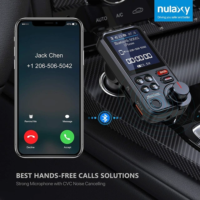 Alt view image 2 of 7 - Nulaxy Car Bluetooth Transmitter, Strong Microphone Bluetooth Car Radio Adapter with 1.8" Color Screen for Hands Free Calls, Supports QC3.0 Charging, Treble and Bass Sound Music Player- KM30