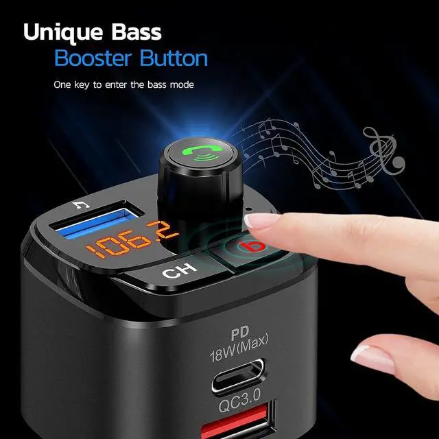 Alt view image 3 of 6 - Nulaxy Bluetooth 5.0 FM Transmitter for Car, QC3.0 & USB-C PD 18W Wireless Bluetooth Radio Adapter Music Player Car Kit with Bass Booster, Hands-Free Calls-NX12