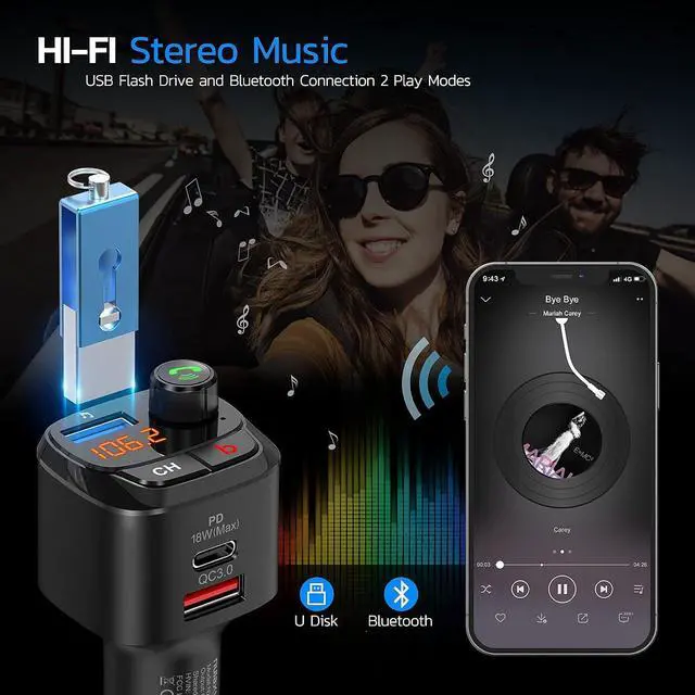 Alt view image 4 of 6 - Nulaxy Bluetooth 5.0 FM Transmitter for Car, QC3.0 & USB-C PD 18W Wireless Bluetooth Radio Adapter Music Player Car Kit with Bass Booster, Hands-Free Calls-NX12