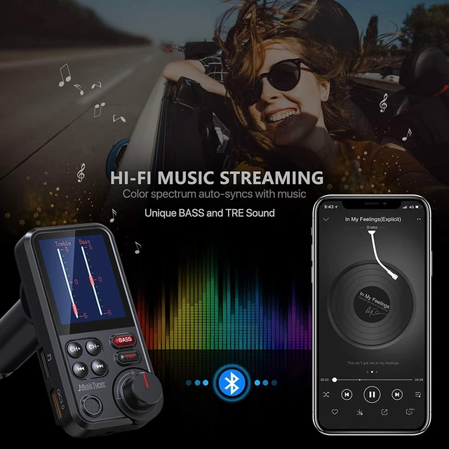 Alt view image 4 of 7 - Nulaxy Car Bluetooth Transmitter, Strong Microphone Bluetooth Car Radio Adapter with 1.8" Color Screen for Hands Free Calls, Supports QC3.0 Charging, Treble and Bass Sound Music Player- KM30