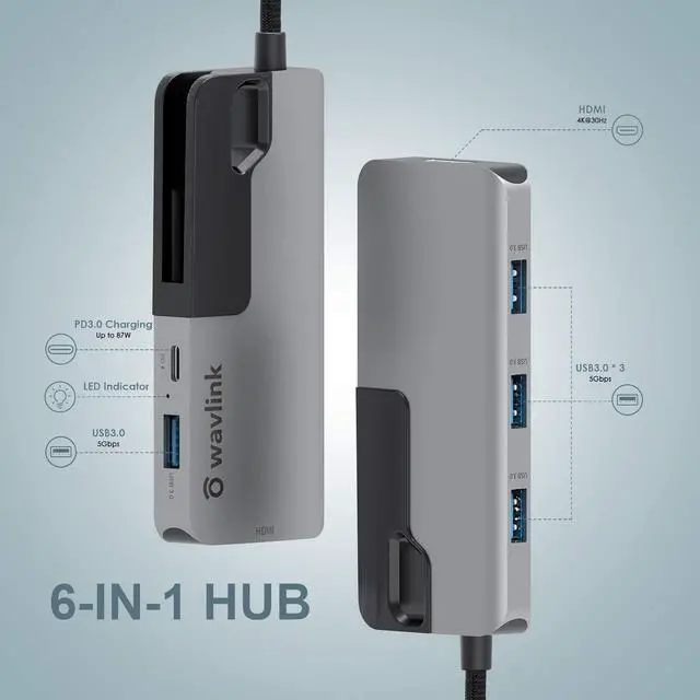 Alt view image 2 of 7 - WAVLINK USB C Hub, PD 6-in-1 Type C Adapter Mini Docking Station Aluminum with 4K 30Hz HDMI, 4 USB 3.0, 87W Laptop Power Delivery for Windows Mac and More
