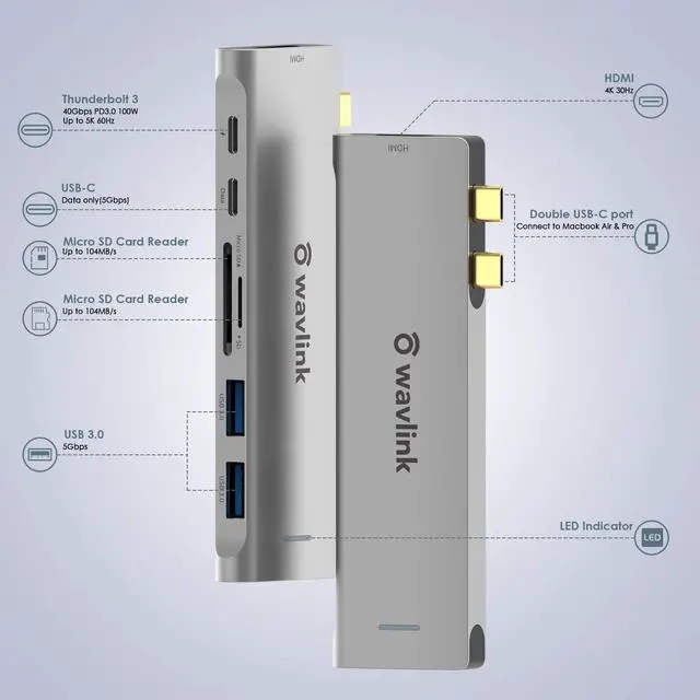 Alt view image 2 of 7 - WAVLINK USB C Hub, 7-in-2 Type C Adapter Mini Docking Station with Thunderbolt 3 USB C Port, 4K HDMI, 2 USB 3.0, SD/TF Card Reader, 100W PD for MacBook Pro 2016-2020 MacBook Air 2018-2020