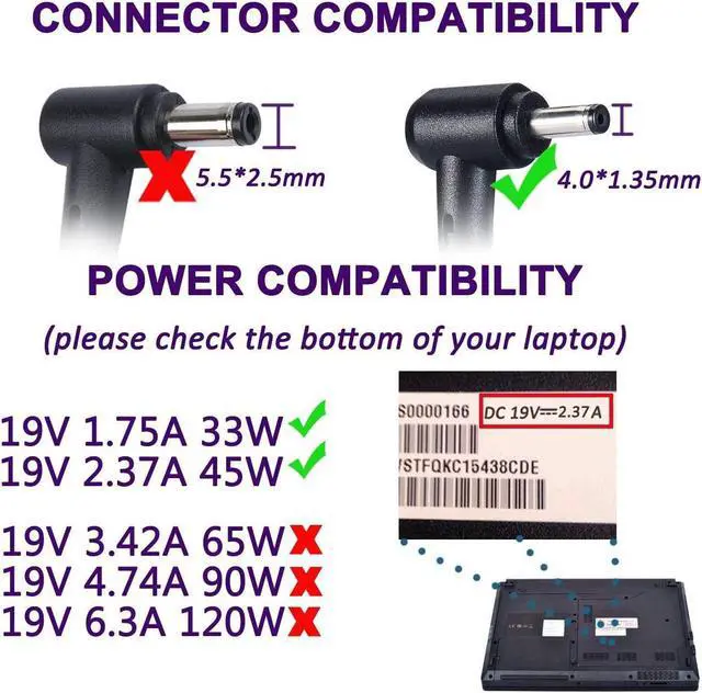 Alt view image 4 of 7 - Laptop Power Supply 45W Notebook Charger for Asus UX330 UX330U UX360 UX360C UX305 UX305C X540 X541 F553 F553M F556 F556U F302 K556 K556U Taichi 21 31 ASUS AC Adapter (45W 19V 2,37A & 33W 19V 1,75A)