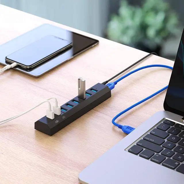 Alt view image 6 of 7 - Powered USB Hub 3.0, Aiibe 8 Port Super High Speed USB 3.0 Hub Splitter + 36W Power Adapter + USB 3.0 Cable, Smart Fast Charger USB Hub Powered for Laptop, Mac, PC, Mobile HDD (Black)