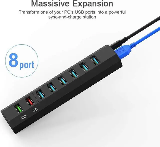 Alt view image 2 of 7 - Powered USB Hub 3.0, Aiibe 8 Port Super High Speed USB 3.0 Hub Splitter + 36W Power Adapter + USB 3.0 Cable, Smart Fast Charger USB Hub Powered for Laptop, Mac, PC, Mobile HDD (Black)