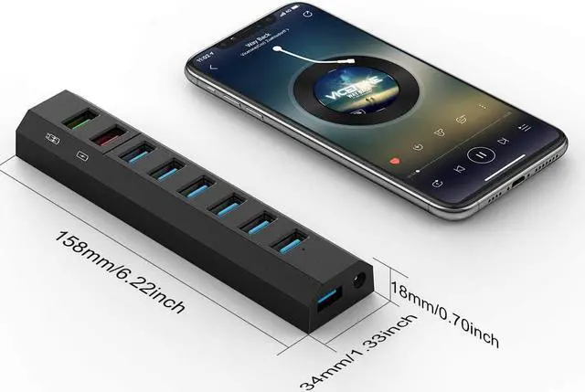 Alt view image 4 of 7 - Powered USB Hub 3.0, Aiibe 8 Port Super High Speed USB 3.0 Hub Splitter + 36W Power Adapter + USB 3.0 Cable, Smart Fast Charger USB Hub Powered for Laptop, Mac, PC, Mobile HDD (Black)