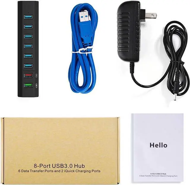 Alt view image 7 of 7 - Powered USB Hub 3.0, Aiibe 8 Port Super High Speed USB 3.0 Hub Splitter + 36W Power Adapter + USB 3.0 Cable, Smart Fast Charger USB Hub Powered for Laptop, Mac, PC, Mobile HDD (Black)