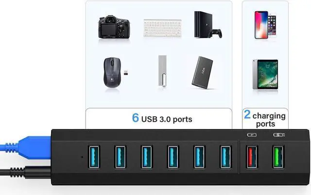 Alt view image 5 of 7 - Powered USB Hub 3.0, Aiibe 8 Port Super High Speed USB 3.0 Hub Splitter + 36W Power Adapter + USB 3.0 Cable, Smart Fast Charger USB Hub Powered for Laptop, Mac, PC, Mobile HDD (Black)
