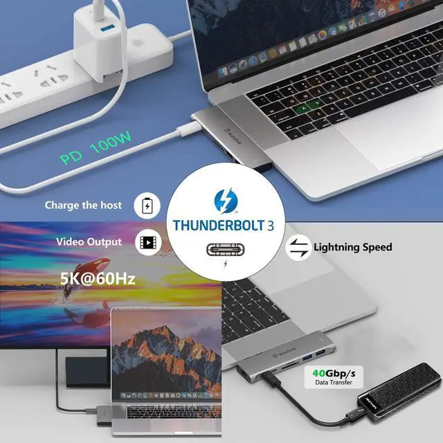 Alt view image 3 of 7 - WAVLINK USB C Hub, 7-in-2 Type C Adapter Mini Docking Station with Thunderbolt 3 USB C Port, 4K HDMI, 2 USB 3.0, SD/TF Card Reader, 100W PD for MacBook Pro 2016-2020 MacBook Air 2018-2020