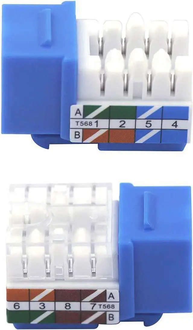 Alt view image 3 of 7 - VCE 50 Pack Cat6 RJ45 Keystone Jack Insert, 90 Degree Ethernet UTP Cat 6, Cat5, Cat5e Keystone Punch-Down Stand and Mini Stripper Cutter Blue UL Certified
