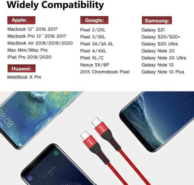 Alt view image 6 of 7 - USB C to USB C Cable,J 2 Pack [6.6ft+6.6ft] Fast Charging PD 60W USB C Charger Nylon Braided Type C to Type C Cable for iPad Pro Samsung S21 S20+ S20 Ultra S10 Note 20 10 Plus MacBook Pro Goog