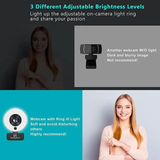 Alt view image 4 of 7 - 2K Ultra HD Streaming Webcam, sumbulare Webcam with Microphone, Adjustable Ring Light and Tripod, Plug and Play Web Camera, Autofocus AF PC Mac Video Cam for Online Learning, Zoom Meeting Skype Teams