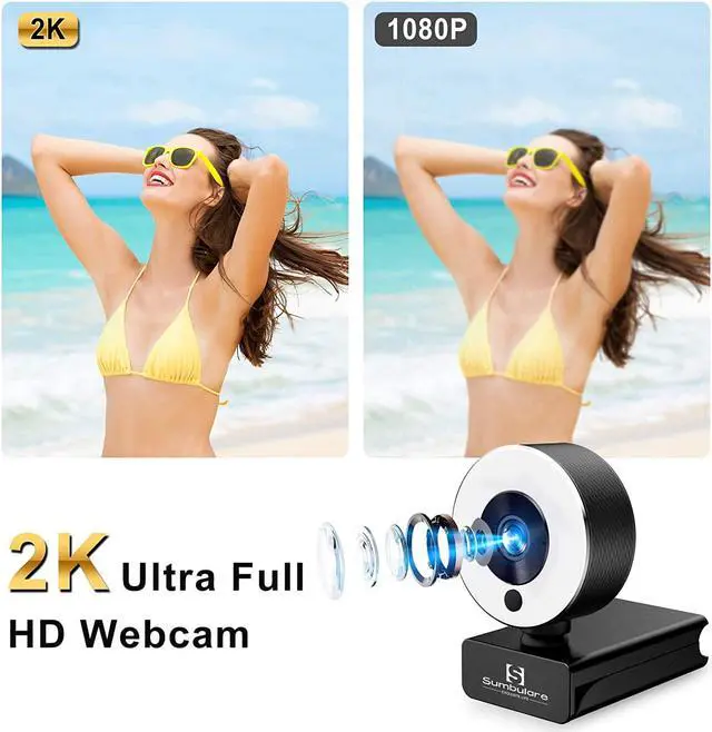Alt view image 5 of 7 - 2K Ultra HD Streaming Webcam, sumbulare Webcam with Microphone, Adjustable Ring Light and Tripod, Plug and Play Web Camera, Autofocus AF PC Mac Video Cam for Online Learning, Zoom Meeting Skype Teams