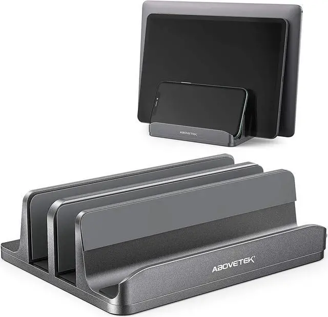 Main image of AboveTEK Vertical Laptop Stand, 3 Slots Aluminum Desk Laptop Holder & Laptop Docking Station Stand for MacBook, Tablet, Phone - Universal Fit (Up to 17.3") - Heavy Duty Polished, Anti Slide - Grey