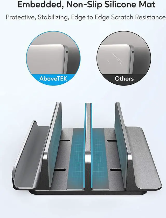 Alt view image 4 of 7 - AboveTEK Vertical Laptop Stand, 3 Slots Aluminum Desk Laptop Holder & Laptop Docking Station Stand for MacBook, Tablet, Phone - Universal Fit (Up to 17.3") - Heavy Duty Polished, Anti Slide - Grey