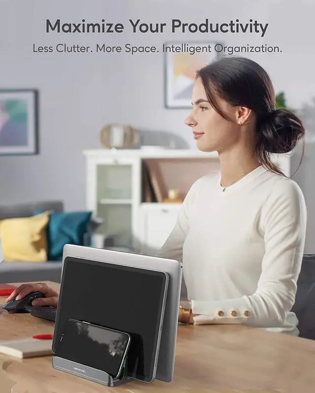 Alt view image 7 of 7 - AboveTEK Vertical Laptop Stand, 3 Slots Aluminum Desk Laptop Holder & Laptop Docking Station Stand for MacBook, Tablet, Phone - Universal Fit (Up to 17.3") - Heavy Duty Polished, Anti Slide - Grey