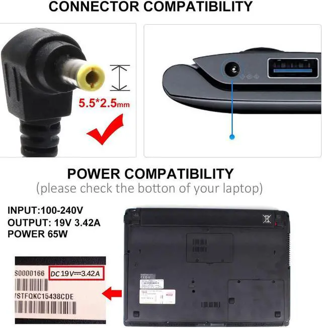 Alt view image 2 of 7 - VillaCool New 65W Laptop Charger AC Adapter for Toshiba Satellite C655 C850 C50 C55 L655 L745 L755 C855 P50 C855D C55D S55; Portege Z30 Z930 Z830;Satellite Radius 11 14 15 Power Supply Cord-19V/3.42A
