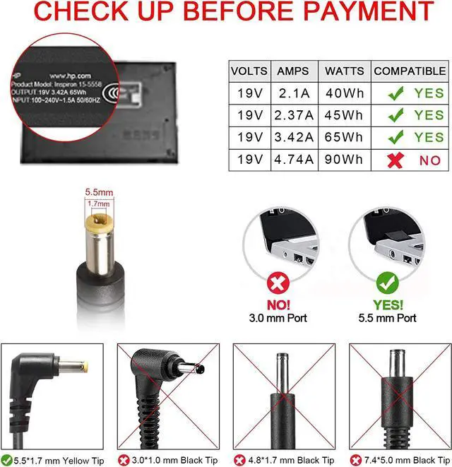 Alt view image 3 of 7 - AC Doctor INC 19V 3.42A 65W AC Adapter Charger for Gateway NE51b10u NE51B10u NE56R11U NE56R12U NE56R10U NE71B06u NE56R37u NE56R31u Laptop Power Supply Cord 5.5x1.7mm