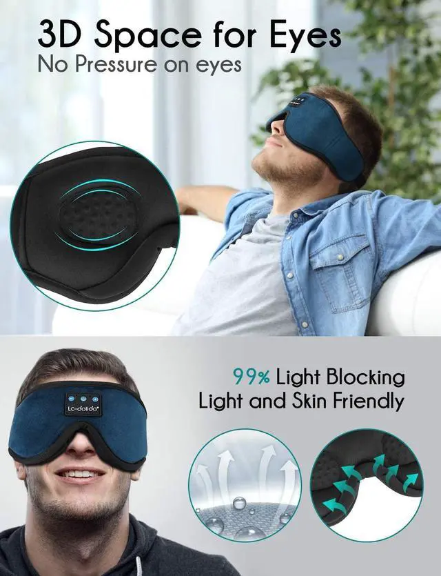 Alt view image 3 of 7 - LC-dolida Sleeping Headphones Bluetooth Eye Mask, Sleep Mask with Bluetooth Headphones Wireless 3D Music Sleep Headphones with Thin Stereo Speakers for Side Sleepers Travelers Nappers (Dark Blue)