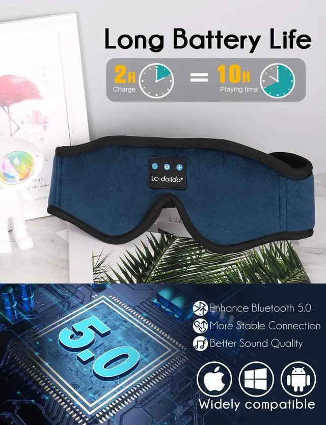 Alt view image 4 of 7 - LC-dolida Sleeping Headphones Bluetooth Eye Mask, Sleep Mask with Bluetooth Headphones Wireless 3D Music Sleep Headphones with Thin Stereo Speakers for Side Sleepers Travelers Nappers (Dark Blue)