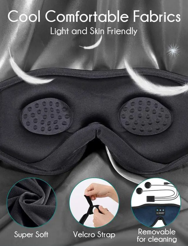 Alt view image 6 of 7 - LC-dolida Sleeping Headphones Bluetooth Eye Mask, Sleep Mask with Bluetooth Headphones Wireless 3D Music Sleep Headphones with Thin Stereo Speakers for Side Sleepers Travelers Nappers (Dark Blue)