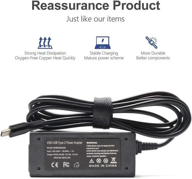 Alt view image 4 of 7 - 45W USB Type C Charger for HP Chromebook 14 14A G5 11 11A G6 X360 14-ca051wm 14-ca061dx 14-ca052wm 11-ae001tu 11-ae051wm Laptop Adapter Spectre x360 G5 Elite x2 Adapter Power Cord