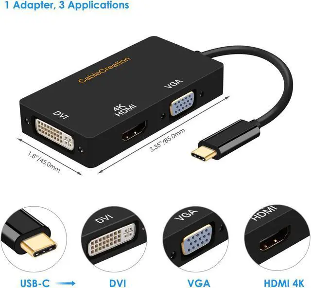 Alt view image 2 of 5 - USB C to VGA HDMI DVI Adapter, CableCreation 3 in 1 USB Type C to HDMI VGA DVI Female Converter, Compatible with MacBook Pro 2020, Surface Book 2, ChromeBook Pixel, Mac Mini 2018, XPS 15, Black