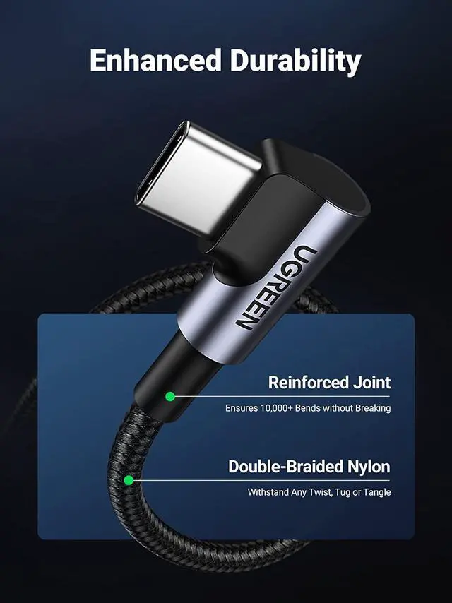 Alt view image 6 of 7 - UGREEN USB C to USB C Cable Right Angle 90 Degree Type C 60W PD Fast Charge Compatible with Samsung Galaxy S21 S20 Z Fold 3 Note 20 Google Pixel 5 4 MacBook Pro Air iPad Pro Air 4 Mini 6 Switch 6FT