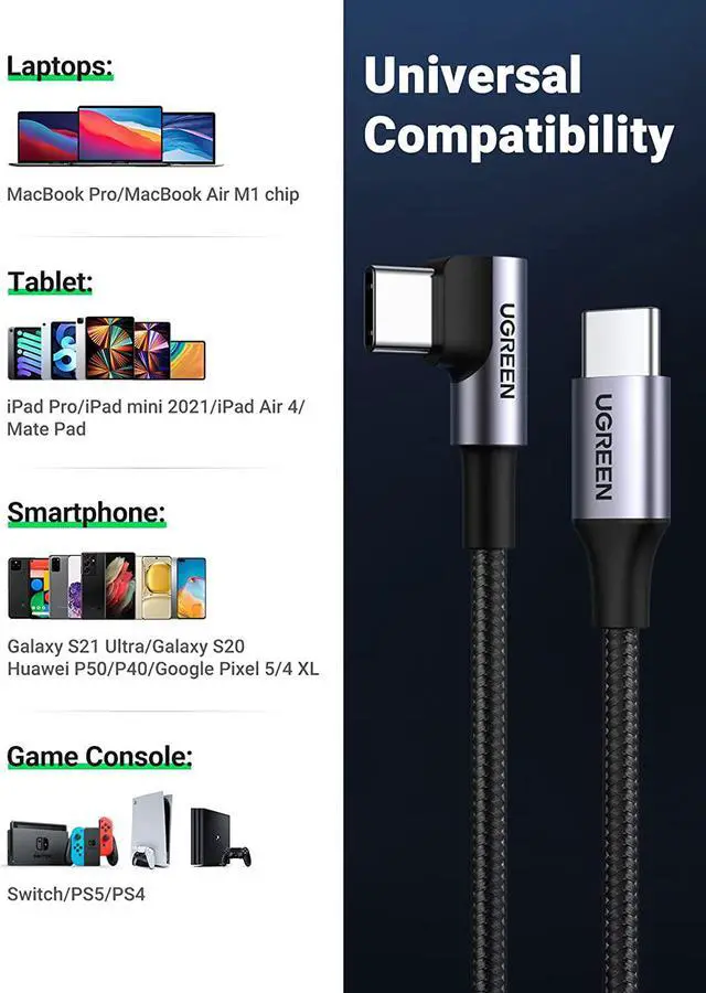 Alt view image 7 of 7 - UGREEN USB C to USB C Cable Right Angle 90 Degree Type C 60W PD Fast Charge Compatible with Samsung Galaxy S21 S20 Z Fold 3 Note 20 Google Pixel 5 4 MacBook Pro Air iPad Pro Air 4 Mini 6 Switch 6FT