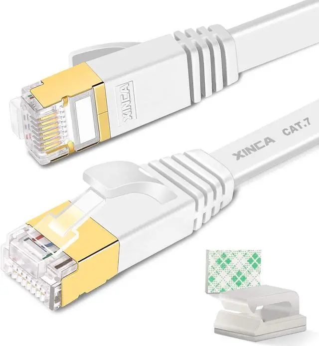 Main image of Cat 7 Flat Ethernet Cable 15ft White, High Speed 10GB Shielded (STP) LAN Internet Network Cable Ethernet Patch Computer Cable with Rj45 Connectors and 5pcs Adhesive Cable Clips
