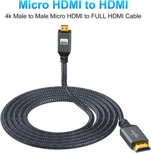 Alt view image 5 of 7 - 4K Micro HDMI to HDMI Cable 1FT Short High-Speed Full HDMI to Micro HDMI Braided Cord Support 3D 4K/60Hz 1080p