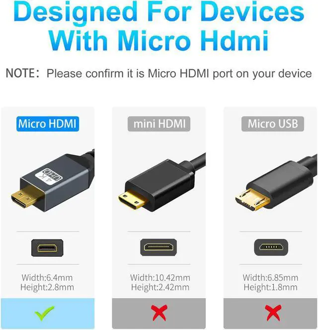 Alt view image 6 of 7 - 4K Micro HDMI to HDMI Cable 1FT Short High-Speed Full HDMI to Micro HDMI Braided Cord Support 3D 4K/60Hz 1080p