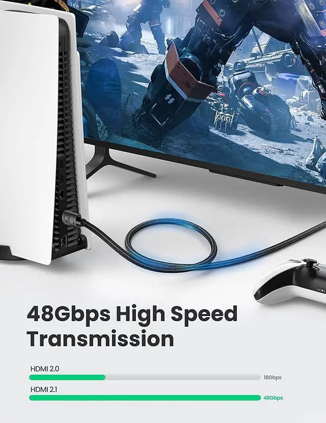 Alt view image 3 of 7 - UGREEN HDMI 2.1 Cable 8K 48Gbps 15FT Ultra High Speed 8K HDMI Braided Cord 4K@120Hz 8K@60Hz Support Dynamic HDR eARC Dolby Atmos HDCP Compatible with PS5 PS4 Xbox Roku TV HDTV Blu-ray Projector