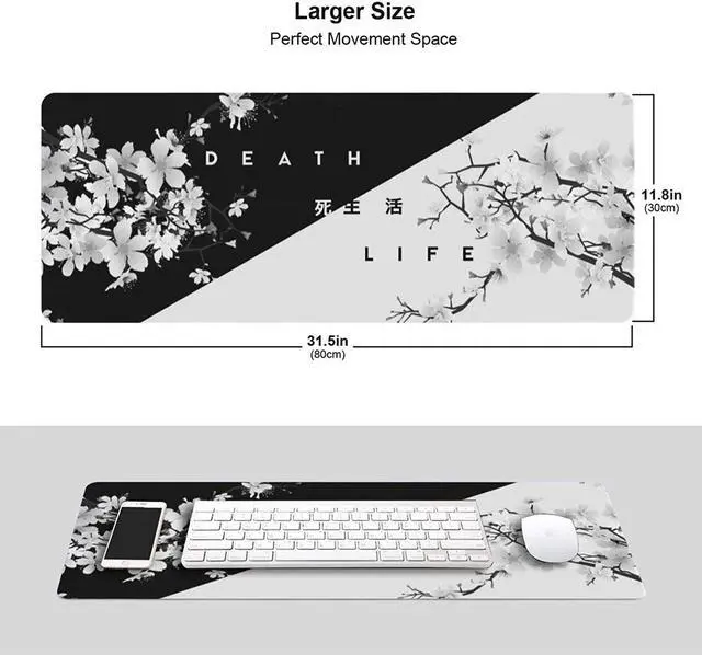 Alt view image 2 of 5 - Black and White Cherry Blossom Gaming Mouse Pad XL Extended Large Mouse Mat Desk Pad Stitched Edges Mousepad Long Non-Slip Rubber Base Mouse Pad 31.5 X 11.8 Inch