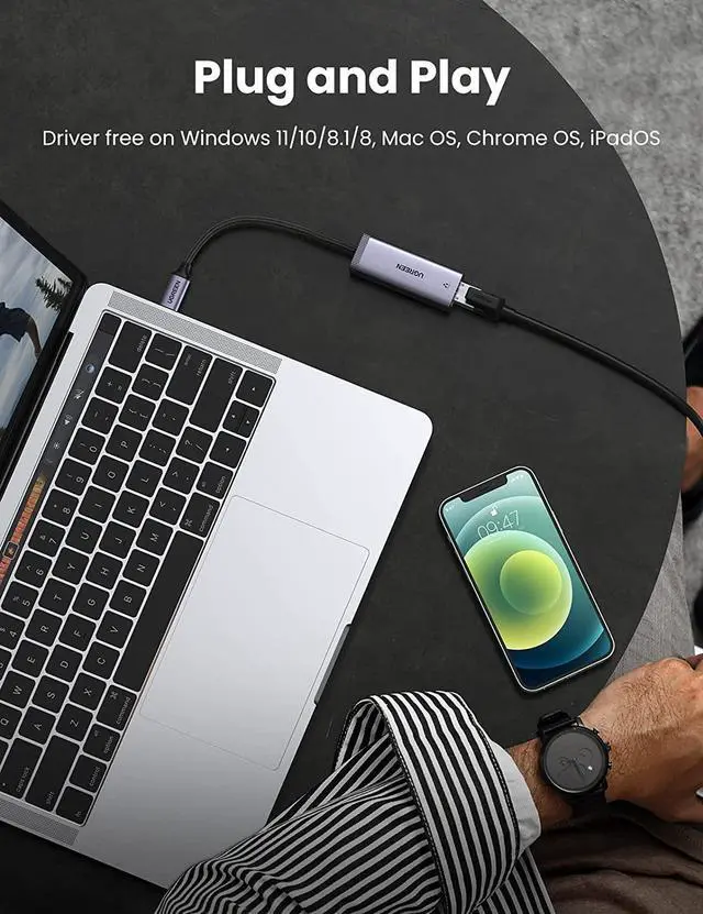 Alt view image 4 of 7 - UGREEN USB C to Ethernet Adapter Type C Thunderbolt 3 to RJ45 Gigabit LAN Network Adapter Compatible with MacBook Pro, MacBook Air, iPad Pro, Surface Book, Dell XPS, Chromebook, and More