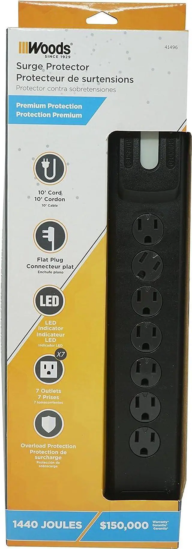 Alt view image 2 of 7 - Woods 41496 Surge Protector With Safety Overload Feature 7 Outlets And 10 Ft Cord For 1440J Of Protection, Black