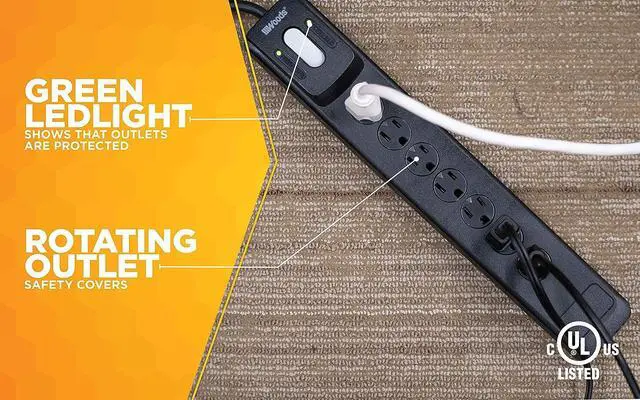 Alt view image 7 of 7 - Woods 41496 Surge Protector With Safety Overload Feature 7 Outlets And 10 Ft Cord For 1440J Of Protection, Black