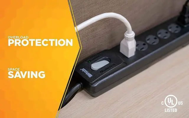 Alt view image 4 of 7 - Woods 41496 Surge Protector With Safety Overload Feature 7 Outlets And 10 Ft Cord For 1440J Of Protection, Black