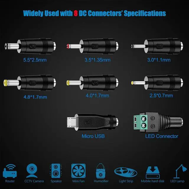 Alt view image 2 of 7 - 24W Universal AC/DC Adapter 12V 9V 7.5V 6V 5V 4.5V 3V Regulated Switching Power Supply with 8 Selectable Plugs for LED Strip Light Camera Keyboard Speaker Scale Recorder Massager 2A Output