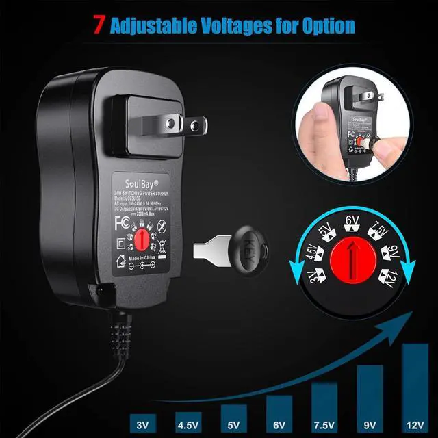 Alt view image 3 of 7 - 24W Universal AC/DC Adapter 12V 9V 7.5V 6V 5V 4.5V 3V Regulated Switching Power Supply with 8 Selectable Plugs for LED Strip Light Camera Keyboard Speaker Scale Recorder Massager 2A Output