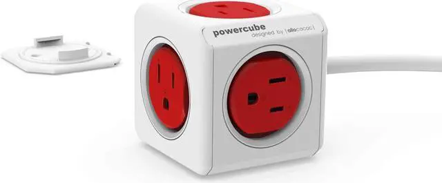 Main image of Allocacoc, PowerCube |Extended|, 5 outlets, 5 feet cable, Mounting dock, Surge Protection, Childproof Sockets, ETL Certified (Red)