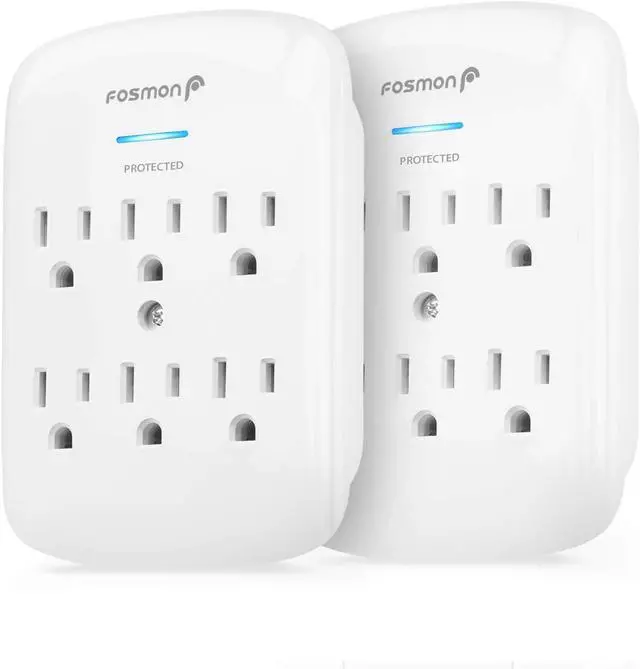 Main image of Fosmon 6-Outlet Power Strip Surge Protector 1200 Joules, Wall Mount Adapter Tap, Multi-Plug Outlet Wall Charger Extender, Charging Station, ETL Listed for Home, Dorm Room & Office (2 Pack) - White