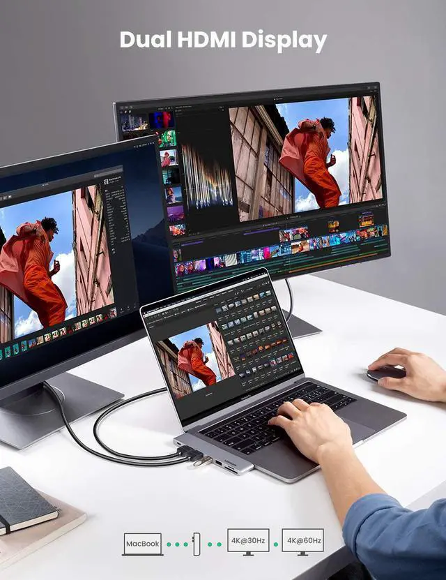 Alt view image 2 of 7 - UGREEN USB C to Dual HDMI Adapter ?7 in 1 USB C Thunderbolt 3 Adapter to Dual HDMI 2 USB 3.0 100W PD Port USB C to SD TF Card?for MacBook Air 2020 2019 2018 MacBook Pro 2020 2019 2018 2017