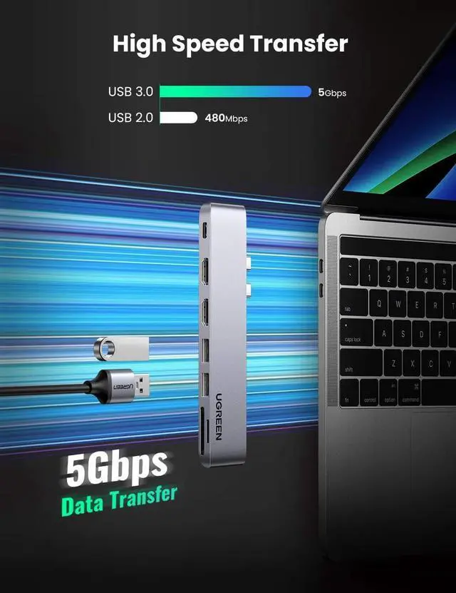 Alt view image 5 of 7 - UGREEN USB C to Dual HDMI Adapter ?7 in 1 USB C Thunderbolt 3 Adapter to Dual HDMI 2 USB 3.0 100W PD Port USB C to SD TF Card?for MacBook Air 2020 2019 2018 MacBook Pro 2020 2019 2018 2017