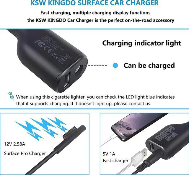 Alt view image 3 of 7 - Surface Pro Car Charger Surface Laptop Car Charger,36W 12V 2.58A Power Supply for Microsoft Surface Pro 3/4/5/6/Book/Go,Surface Pro 9,Surface Laptop car charger with USB 2.0 Port(5Ft Cord)&Travel Case