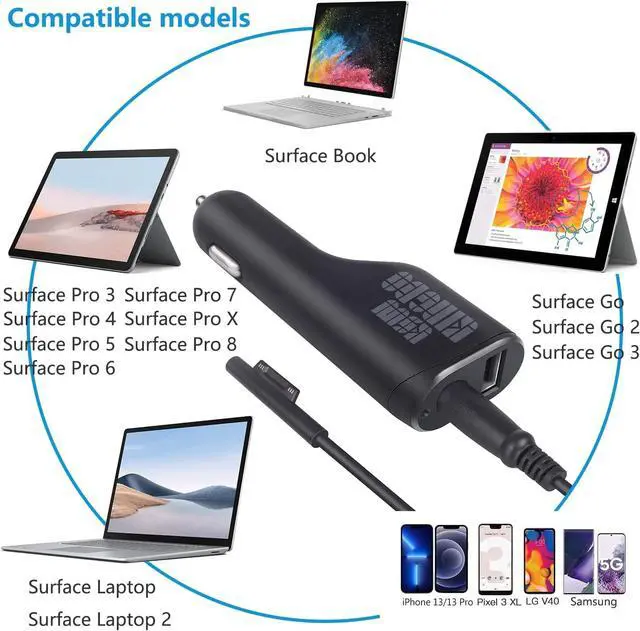 Alt view image 6 of 7 - Surface Pro Car Charger Surface Laptop Car Charger,36W 12V 2.58A Power Supply for Microsoft Surface Pro 3/4/5/6/Book/Go,Surface Pro 9,Surface Laptop car charger with USB 2.0 Port(5Ft Cord)&Travel Case