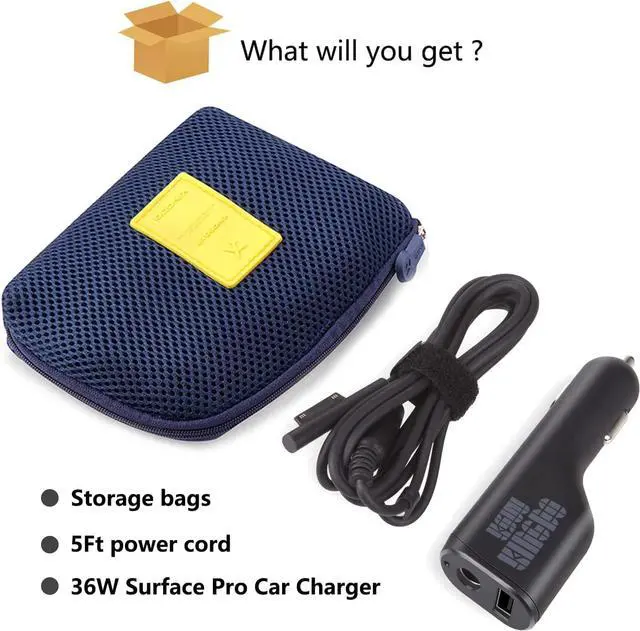 Alt view image 7 of 7 - Surface Pro Car Charger Surface Laptop Car Charger,36W 12V 2.58A Power Supply for Microsoft Surface Pro 3/4/5/6/Book/Go,Surface Pro 9,Surface Laptop car charger with USB 2.0 Port(5Ft Cord)&Travel Case