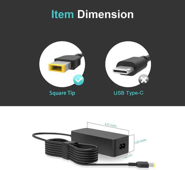 Alt view image 2 of 7 - 65W AC Charger Fit for Lenovo Thinkpad X1 Carbon 1st 2nd 3rd 4th, X1 Yoga 1st Gen Laptop Power Supply Adapter Cord