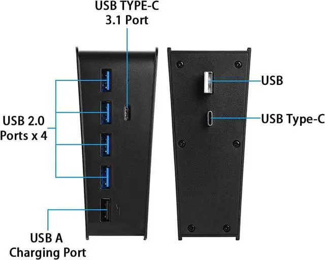 Alt view image 2 of 7 - USB Port Hub for PS5, 5 Port USB Extender High-Speed Transmission Expansion Adapter Converter Splitter with 4 USB 2.0 Port+1 USB Charging Port+1 Type C 3.1 Port for PlayStation 5 Gaming Console-Black