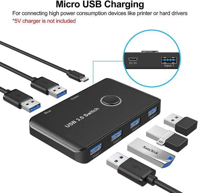Alt view image 4 of 7 - USB 3.0 Switch, ABLEWE USB Switcher 2 Computers Sharing 4 USB Devices KVM Switcher Box for PC, Printer, Scanner, Mouse, Keyboard with 2 Pack USB Cable(Compatible with Mac/Windows/Linux)